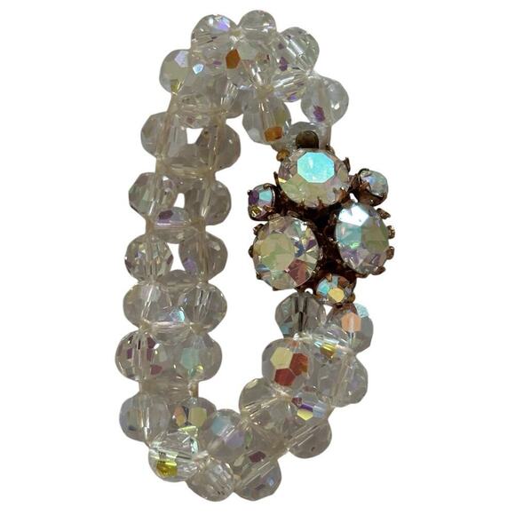 SD Jewelry - Bracelet Aurora Borealis Facet Crystal Bead Double Strand Rhinestone Closure Vtg